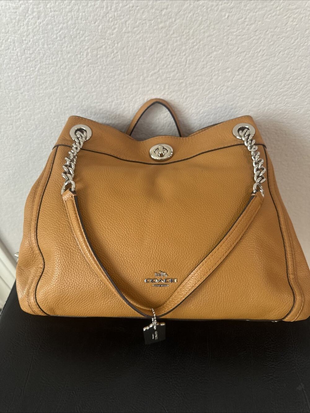 Coach Pebbled Leather Chain Shoulder Tote - Tan Coagnac Turnlock Silver Hardware